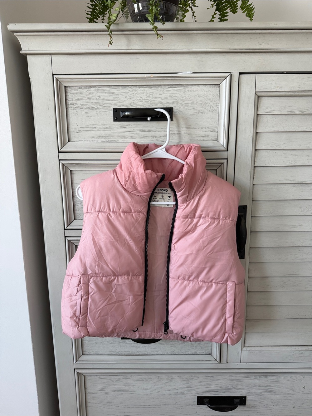 Cropped Pink Puffer Vest with Stand Collar and Drawstring Hem